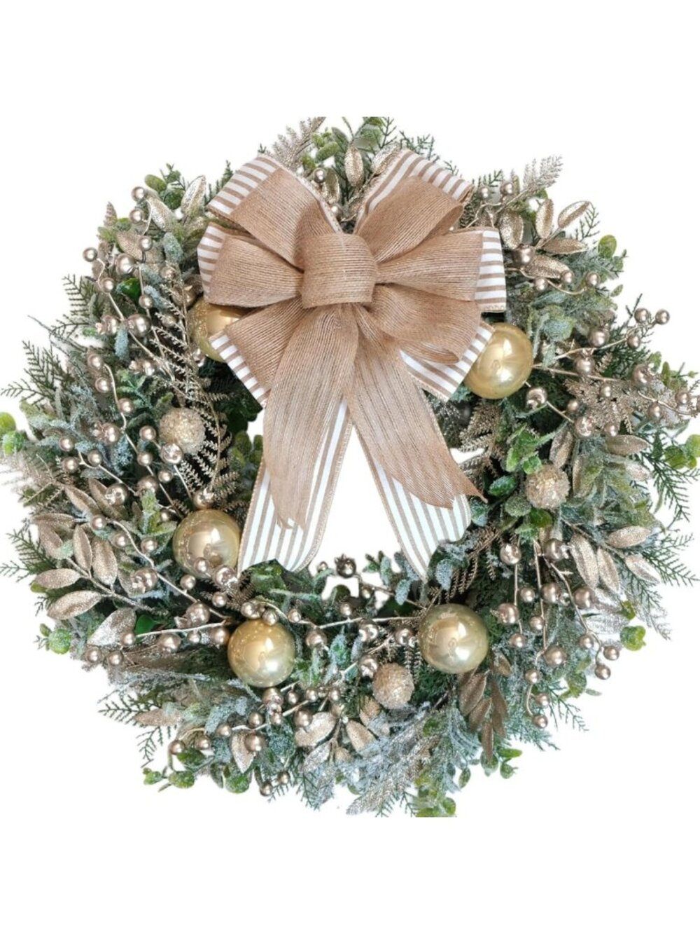 24-Inch Rustic Christmas Wreath with Champagne Leaves & Berries for Door Decor